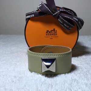 Hermès Lime Green Leather and Silvertone Pyramid Bracelet (7.5in) [In Box]